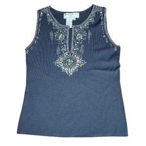 Joseph A Black Beaded Sleeveless Knit Top Y2K Embellished Tank Size S Petite